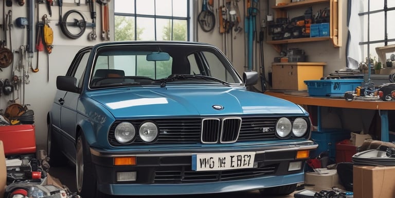 An organized garage showcasing various automotive tools and equipment.