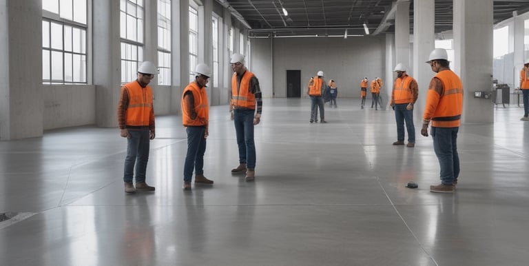 A close-up of a polished concrete floor in a modern industrial setting.