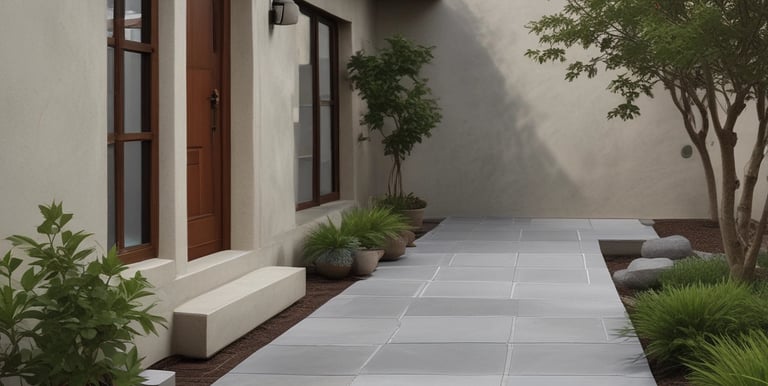 A beautifully designed custom sidewalk with decorative patterns and landscaping.