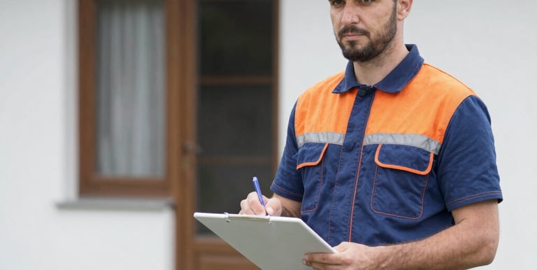 A friendly handyman fixing a gutter on a residential house in a German neighborhood.