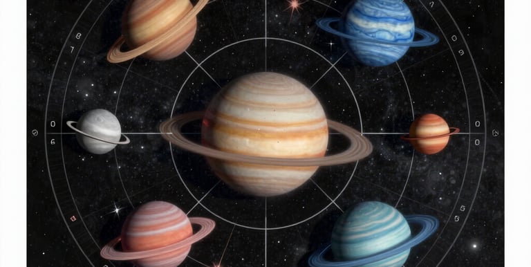 A serene workspace with astrology charts, sacred geometry patterns, and a glowing lamp.