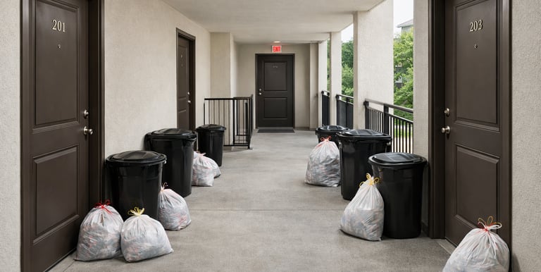 Valet trash service collecting garbage bags and bins at apartment complex in Pinellas County Florida