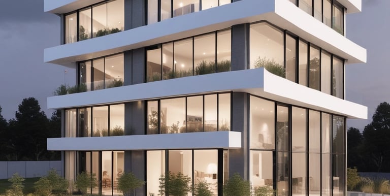 Modern luxurious residential building exterior with black, white, and gold accents.