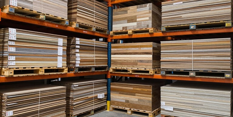 Close-up of sturdy yard tools neatly arranged on steel shelves under warm lighting.