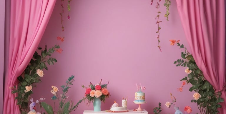 A bright, cheerful portrait studio with seasonal backdrops and a family posing happily.