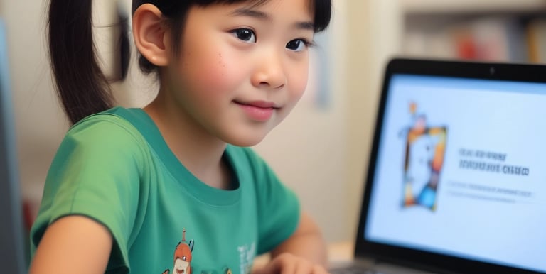 A cheerful cartoon child sitting at a computer with British and Hong Kong flags in the background.