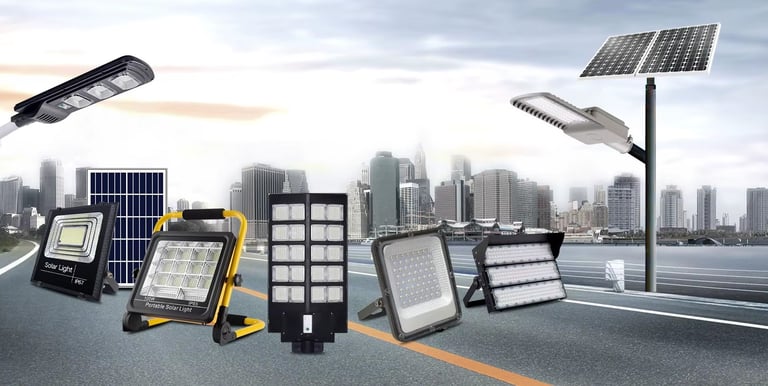 A collection of outdoor solar LED street lights and floodlights displayed against a city skyline backdrop.
