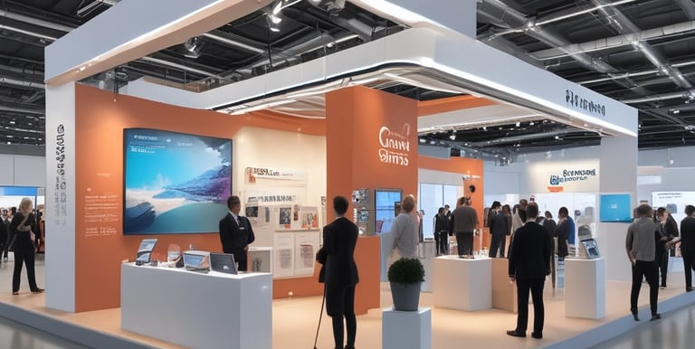 A vibrant trade exhibition hall bustling with African entrepreneurs showcasing products.