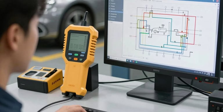 Technician remotely diagnosing a car's electrical system using a laptop and scanner.