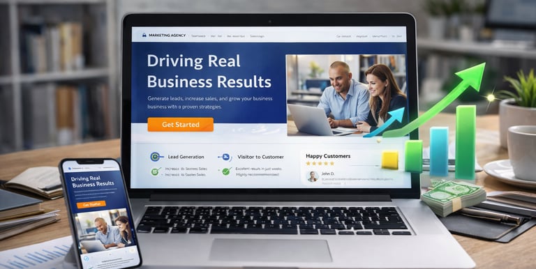 Modern professional business website displayed on laptop showing lead generation system, conversion