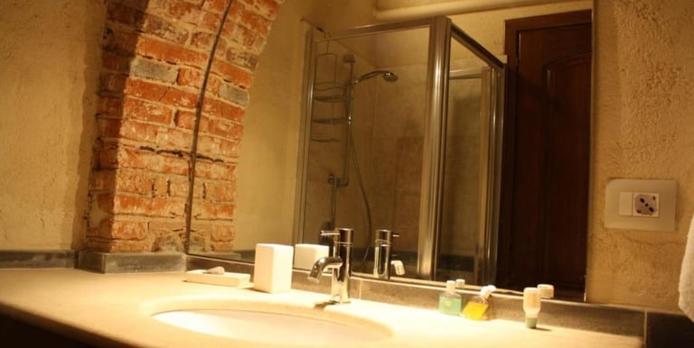 Rustic bathroom featuring a stone sink vanity and exposed red brick archway with a glass shower.