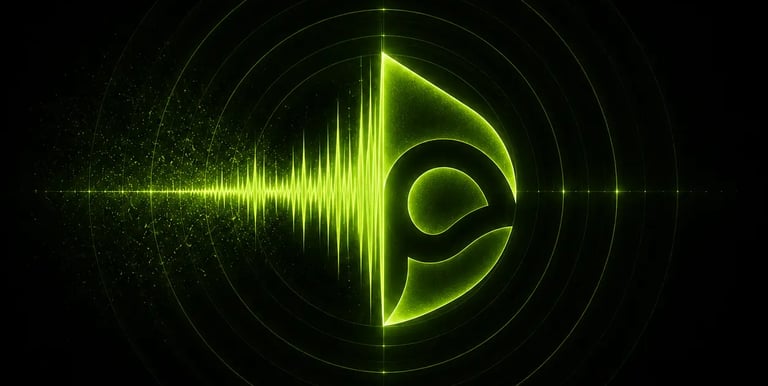 Leuchtende grüne digitale Klangwelle mit integriertem Logo innerhalb eines futuristischen Sonar