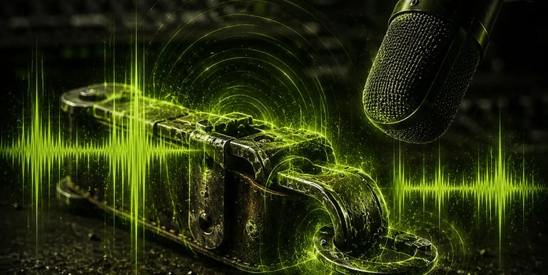 Professionelles Studiomikrofon mit leuchtend grünen Audio-Schallwellen und einem metallischen Ketten