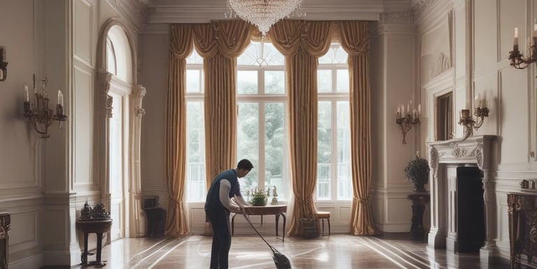A professional cleaner carefully dusting a modern living room with black and gold accents.