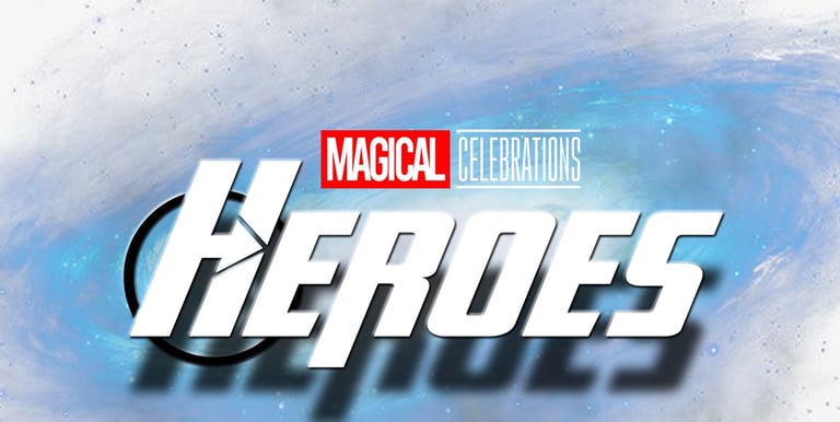 Magical Celebrations Heroes logo featuring bold white typography over a blue and white cosmic nebula background.