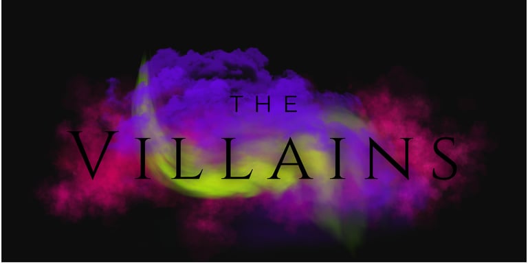 The Villains title text over vibrant purple, pink, and green smoke clouds on a black background.