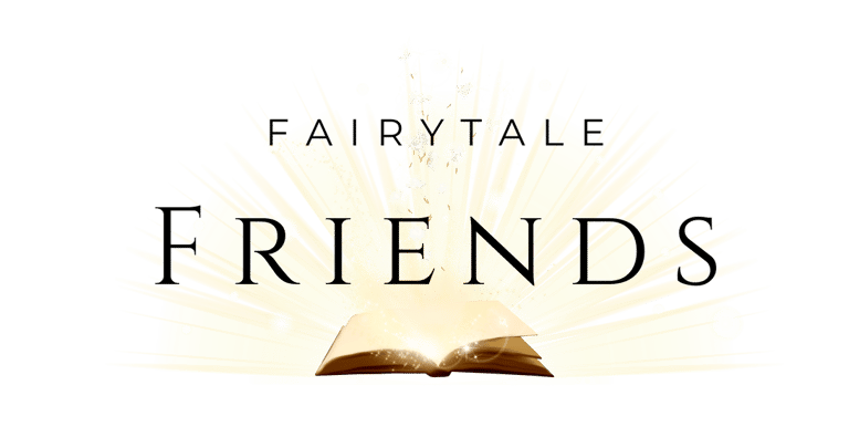 Magical glowing open book with sparkling light rays and the word friends on a black background.