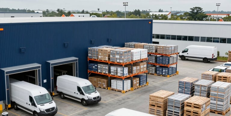 A fleet of Transicore delivery vans lined up outside a large warehouse ready for dispatch.