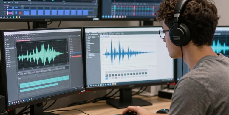 A professional recording studio with soundboards and instruments ready for session.