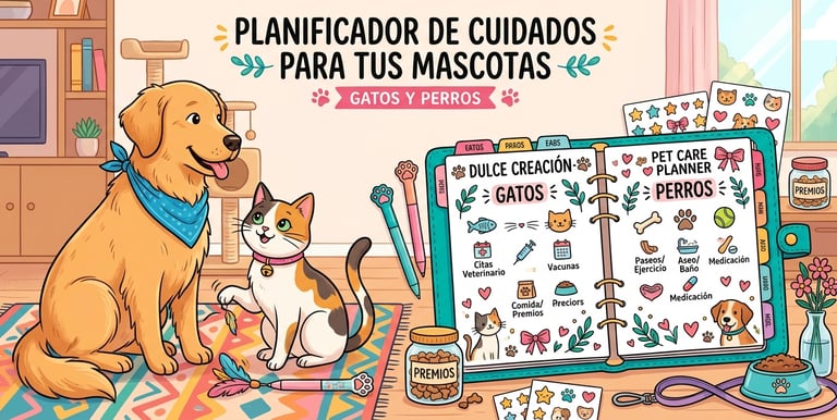 Pet care planner Planificador de cuidados para gatos y perros con un golden retriever, una gata