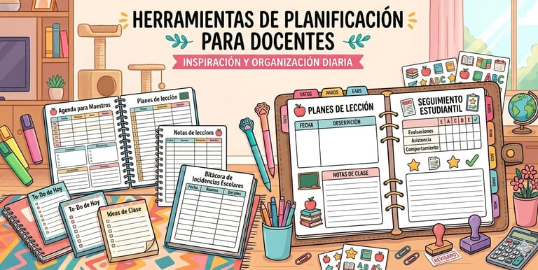 Herramientas de planificación para docentes con agendas, planes de lección y organizadores escolares.