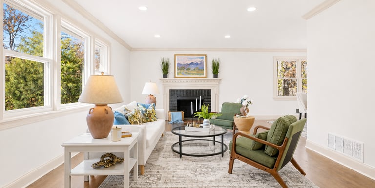 living room with tan trim staging house