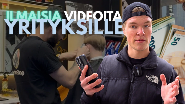 Yrittäjä kuvaa yritykselle videota ja kertoo projektista, jossa yrityksille tehtiin ilmaisia videoit