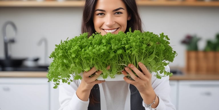 Chef carefully garnishing a dish with vibrant green microgreens in a professional kitchen.