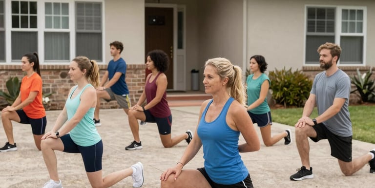 Two women smiling and stretching together outdoors during a workout session.