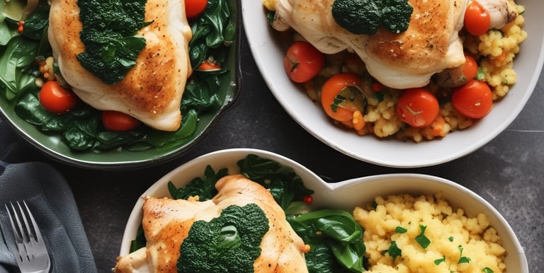 A vibrant spread of colorful, neatly packed meal prep containers on a kitchen counter.
