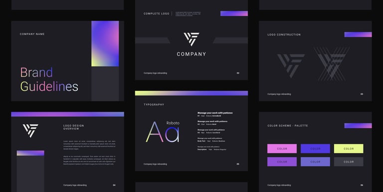 Professional brand guidelines presentation template featuring minimalist logo design, typography, and neon color palette.