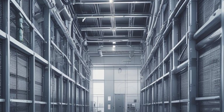 Technician repairing a large industrial chiller unit outdoors on a sunny day.
