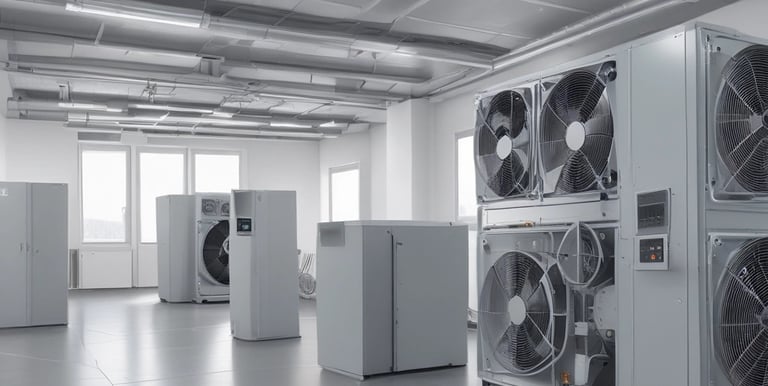 Technician repairing a large industrial chiller unit outdoors on a sunny day.