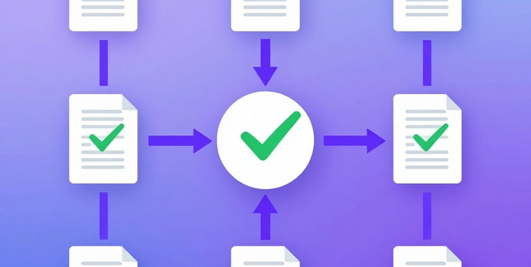 A sleek dashboard showing automated approval workflows with Microsoft Power Automate icons and compliance checkmarks.