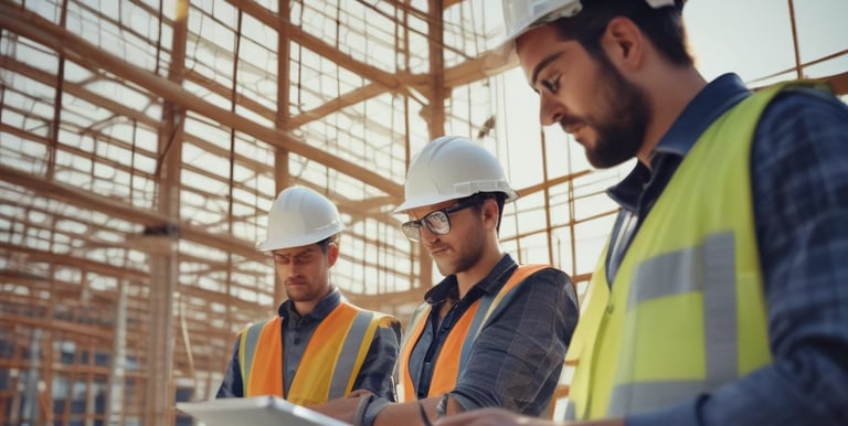 Construction team reviewing blueprints on a commercial site.