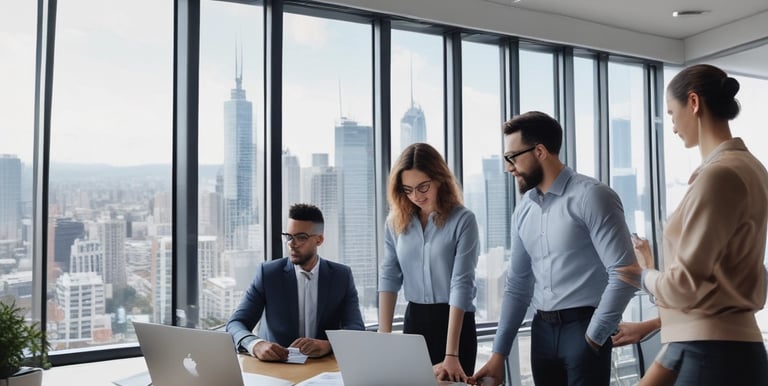 Construction team reviewing blueprints on a commercial site.