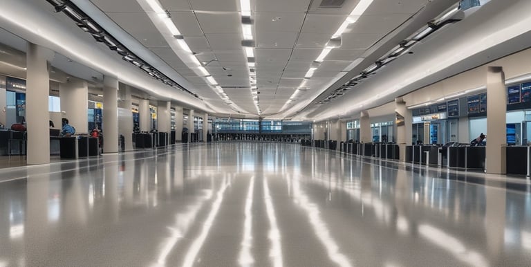 A technician applying a smooth, glossy epoxy floor coating in a large warehouse.