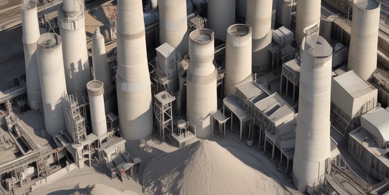 A construction site showing workers mixing cement from different brand bags.