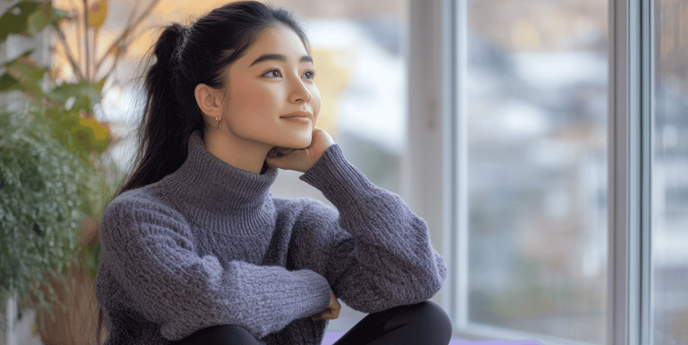 Una mujer sentada, se ve tranquila, probablemente tiene control y equilibrio de emociones