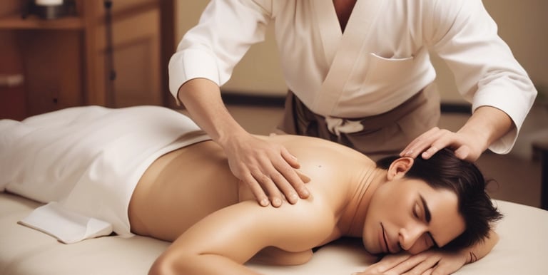 A person is lying on a massage table, covered with a dark towel, receiving a face massage. The massage therapist's hands are gently pressing on the person's forehead and eyes. The environment appears calm and relaxing.