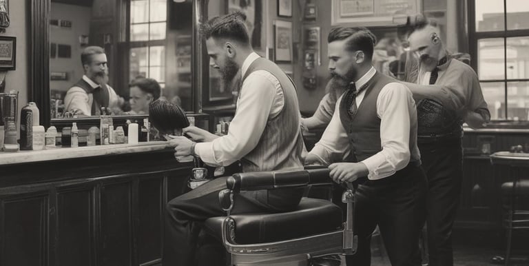 A vintage barbershop scene with a barber cutting a customer's hair. The shop interior features a simple setup with mirrors and shelves lined with various grooming products. The entrance door has Chinese characters on it. The atmosphere is classic, reflecting an old-fashioned style with wooden elements and a tiled floor.