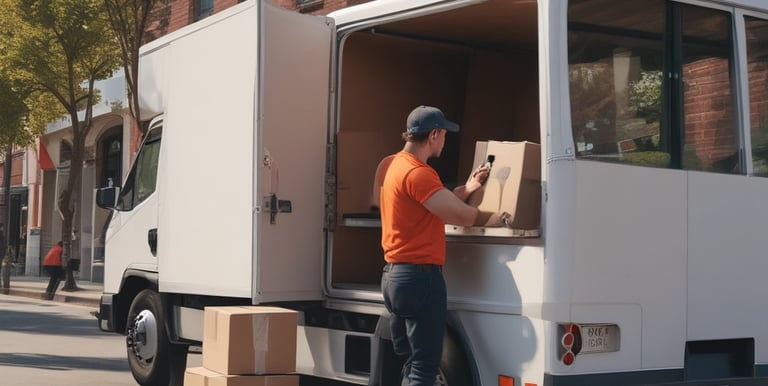 A large cargo ship is prominently displayed with the word 'SHIPPING' painted in bold white letters on its blue hull. The upper section of the ship is stacked with multicolored shipping containers. A person dressed in an orange jacket is in the foreground, partially visible, facing towards the ship.