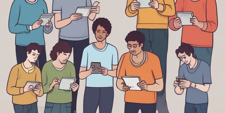 A modern interior with several people interacting with technology, including a digital currency ATM. One person is using a laptop at a table, another is standing at an ATM, and others are using their phones.