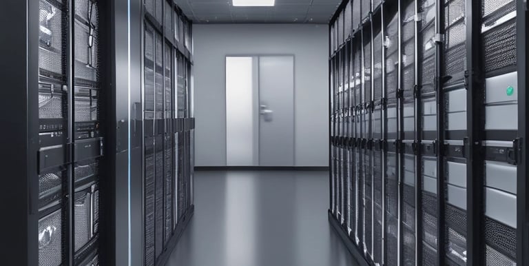 A geometric architectural structure with modern design elements featuring metal panels and glass. Several antennas are mounted on the rooftops, suggesting a focus on communication technology.