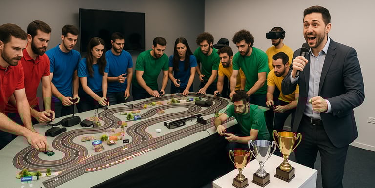 Escenario tematizado de Gran Premio F1 con pista Scalextric, cronometraje y decoración personalizada