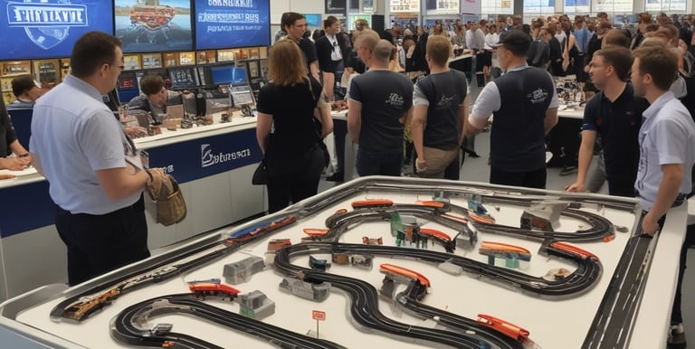 Pista de Scalextric personalizada montada en evento corporativo con logotipos de empresa