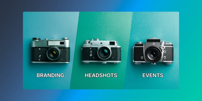 three cameras and under each camera says branding, headshots, and events