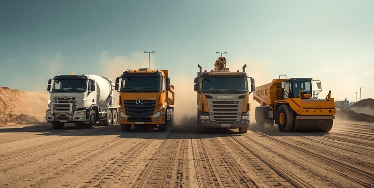 four trucks are parked on a dirt road