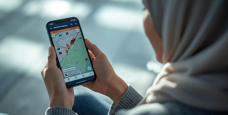 a woman wearing a modern hijab holding an iPhone