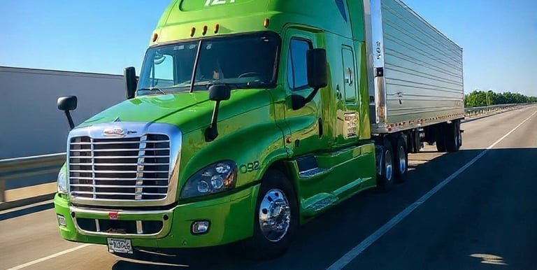 Reefer green semi truck driving down a highway